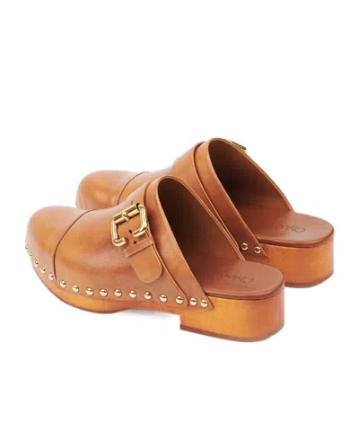 Chloé Calfskin Mules Bold Wooden Platform In Brown