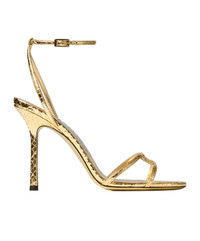 Jimmy Choo Snake-embossed 1998 Leo Metallic Leather Ankle-strap Sandals In Gold