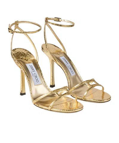 Jimmy Choo Snake-embossed 1998 Leo Metallic Leather Ankle-strap Sandals In Gold