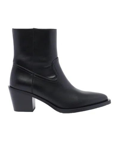Stuart Weitzman Leather Block Heel Ankle Boots With Pointed Toe In Black