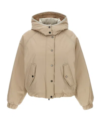 Brunello Cucinelli Hooded Down Jacket Featuring Front Pockets In Neutral