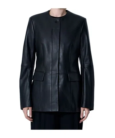 Totême Womens Collar-less Long Leather Jacket Black