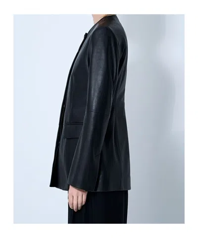 Totême Womens Collar-less Long Leather Jacket Black