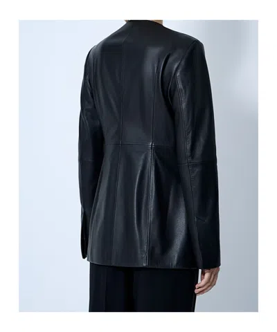 Totême Womens Collar-less Long Leather Jacket Black