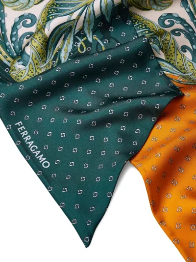 Ferragamo Patterned Print Silk Foulard Square Shape In Green