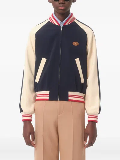 Valentino Wool And Cotton Bomber Jacket With Vlogo And Chat De La Maison Patch In Blue