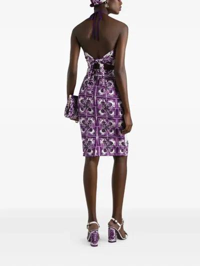 Dolce & Gabbana Stretch Silk Halter Neck Graphic Print Top In Multi