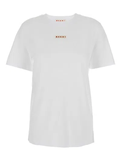 Marni White Crewneck T-shirt With Logo Patch On The Front