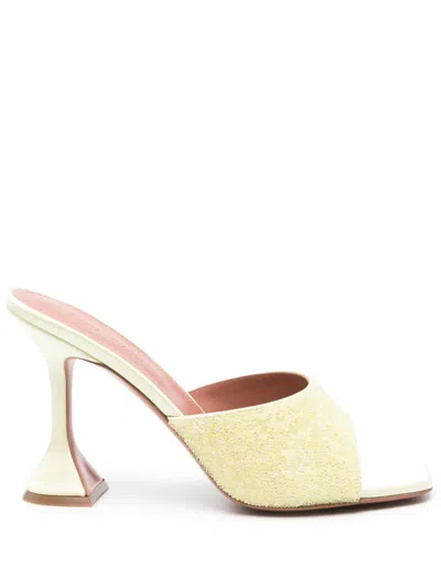 Amina Muaddi Yellow Satin Sandals With Hourglass Heel In Multi