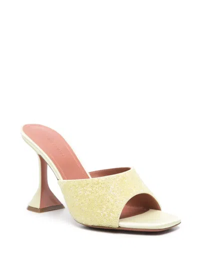 Amina Muaddi Yellow Satin Sandals With Hourglass Heel In Multi