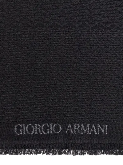 Giorgio Armani Herringbone Motif Black Scarf With Frayed Edges