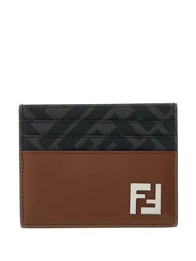 Fendi Portacarte Multicolor In Pelle E Tela Uomo In Brown