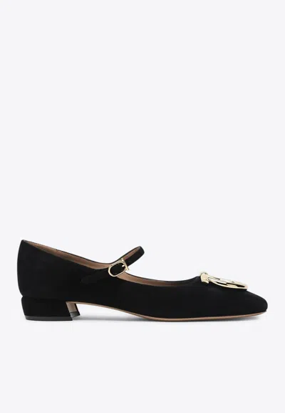 Ferragamo Suede Gancini Heeled Ballerina With Gold Hardware In Black