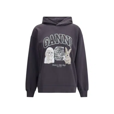 Ganni Oversize Cotton Sweatshirt With Hood And Graphic Print