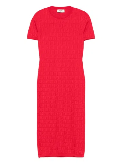Fendi Women Red Short Sleeve Dress With All-over Ff Motif In Cotton Blend Woman In Multi