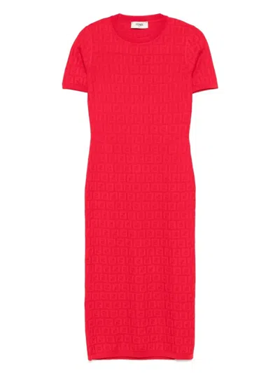 Fendi Women Red Short Sleeve Dress With All-over Ff Motif In Cotton Blend Woman In Multi