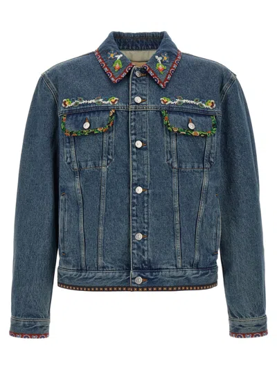 Valentino Denim Jacket With Multicolor Embroidery In Blue