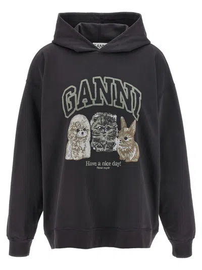 Ganni Oversize Cotton Sweatshirt With Hood And Graphic Print