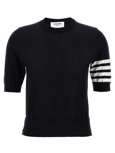 Thom Browne Short-sleeve Crewneck Sweater With Four-bar Detail