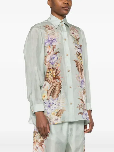 Zimmermann Floral Silk Shirt Featuring Buttoned Cuffs In Green