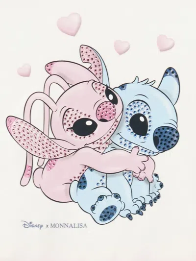 Monnalisa White Dress With Front Print And Built-in Skirt In Cotton Blend Girl