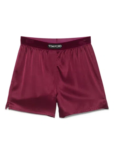 Tom Ford Silk Satin Boxer Shorts With Ruched Detailing In Burgundy