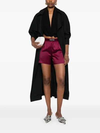 Tom Ford Silk Satin Boxer Shorts With Ruched Detailing In Burgundy
