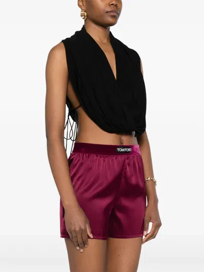 Tom Ford Silk Satin Boxer Shorts With Ruched Detailing In Burgundy