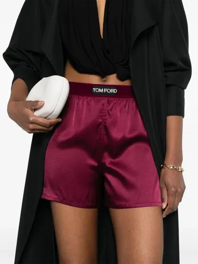 Tom Ford Silk Satin Boxer Shorts With Ruched Detailing In Burgundy