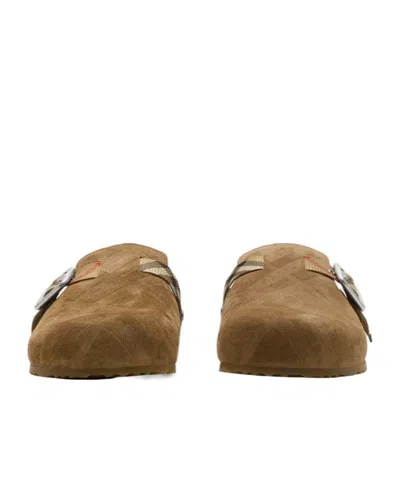 Burberry Suede Slippers With Buckle Detail And Textured Finish In Brown