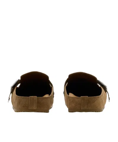Burberry Suede Slippers With Buckle Detail And Textured Finish In Brown