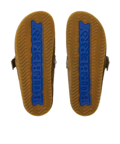 Burberry Suede Slippers With Buckle Detail And Textured Finish In Brown