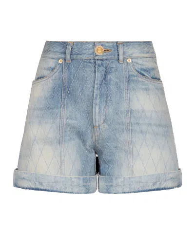 Balmain Rolled Hem Denim Shorts With Diamond Stitched Pattern