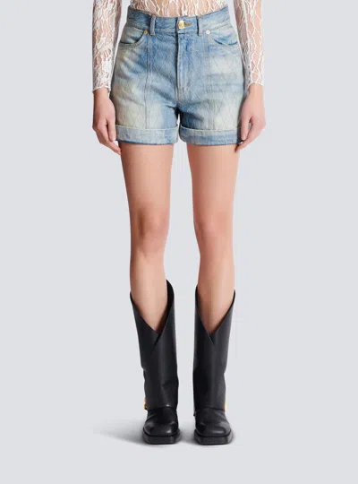 Balmain Rolled Hem Denim Shorts With Diamond Stitched Pattern