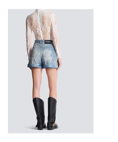 Balmain Rolled Hem Denim Shorts With Diamond Stitched Pattern