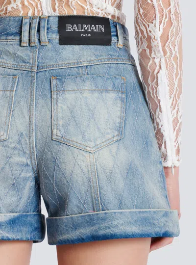 Balmain Rolled Hem Denim Shorts With Diamond Stitched Pattern