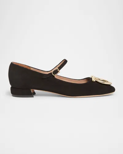 Ferragamo Suede Gancini Heeled Ballerina With Gold Hardware In Black