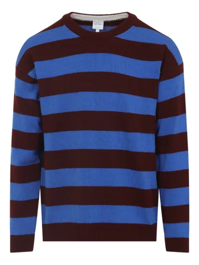 Paul Smith Lambswool Blue And Maroon Stripe Crew Neck Sweater Red