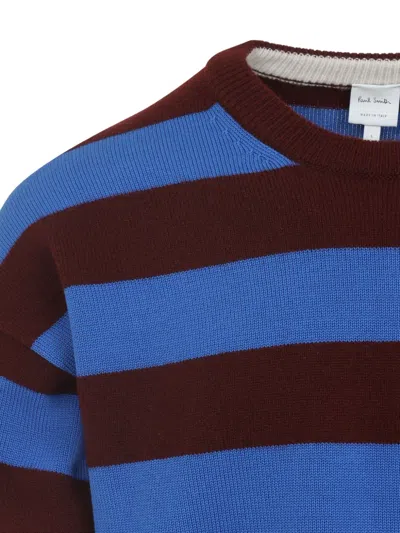Paul Smith Lambswool Blue And Maroon Stripe Crew Neck Sweater Red