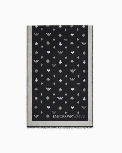 Emporio Armani Double-sided Wool-blend Stole With Jacquard Pattern In Black