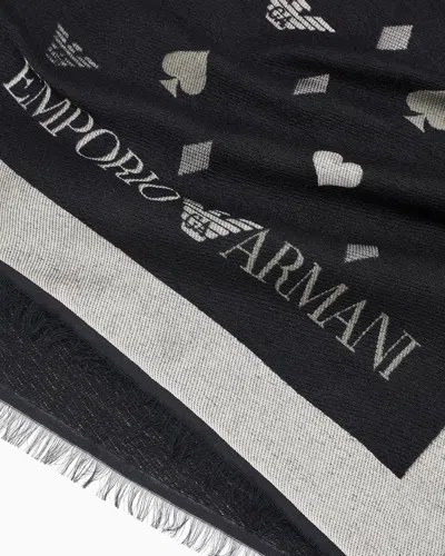 Emporio Armani Double-sided Wool-blend Stole With Jacquard Pattern In Black