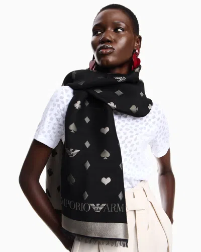 Emporio Armani Double-sided Wool-blend Stole With Jacquard Pattern In Black