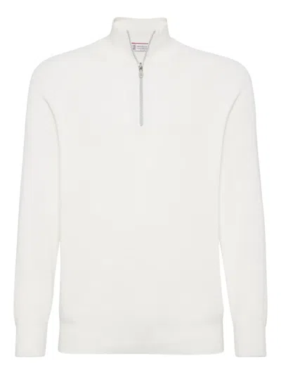 Brunello Cucinelli White Turtleneck Sweater With Zip