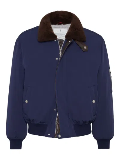 Brunello Cucinelli Down Jacket Nylon Shearling Collar In Blue