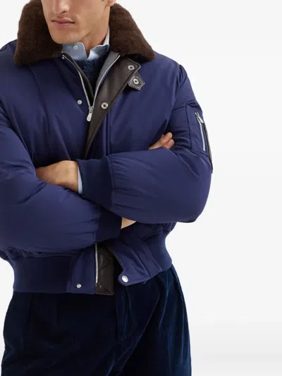 Brunello Cucinelli Down Jacket Nylon Shearling Collar In Blue