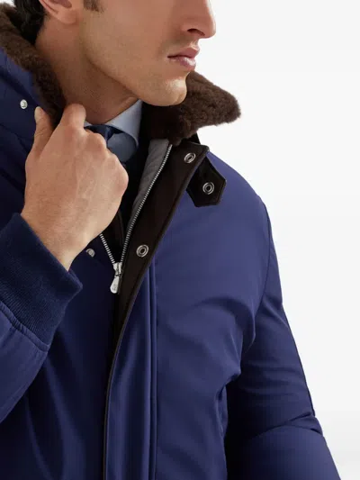 Brunello Cucinelli Down Jacket Nylon Shearling Collar In Blue