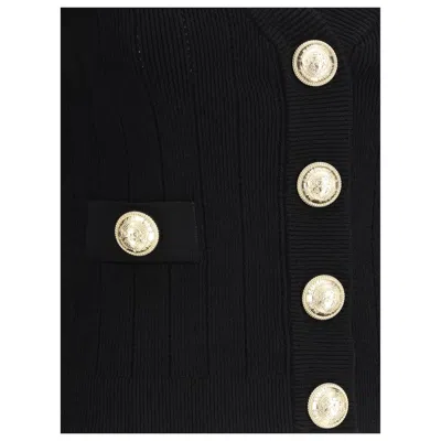 Balmain Structured Shoulder Black V-neck Cardigan With Decorative Buttons In Black