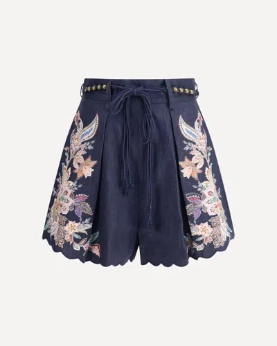 Zimmermann Pleated Floral-print Shorts With Scalloped Hem And Rope Waist Belt In Blue