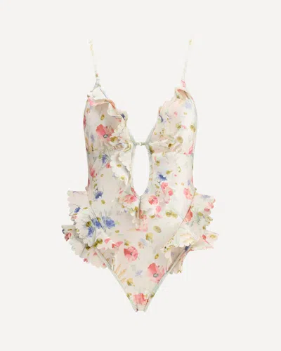 Zimmermann Multicolour Floral Swimsuit With Ruffled Edges And Adjustable Ties In Multi