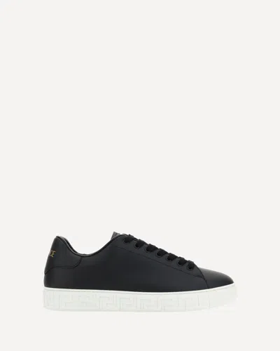 Versace Leather Sneakers With La Greca Detail In Black